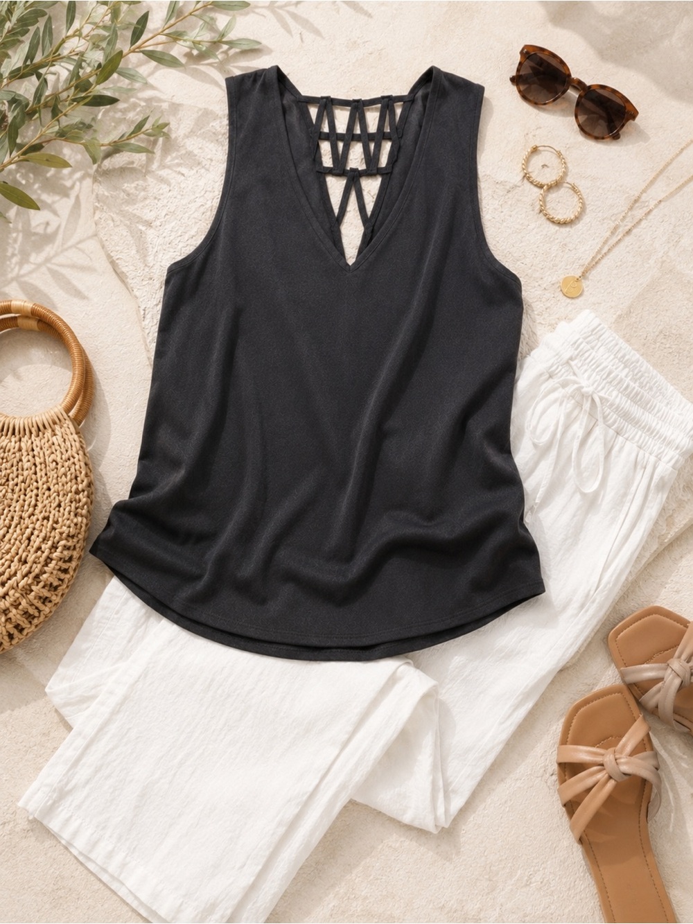 Ro & De Anthropologie Lattice Back Tank Top Medium Charcoal Gray Flowy - Picture 3 of 10